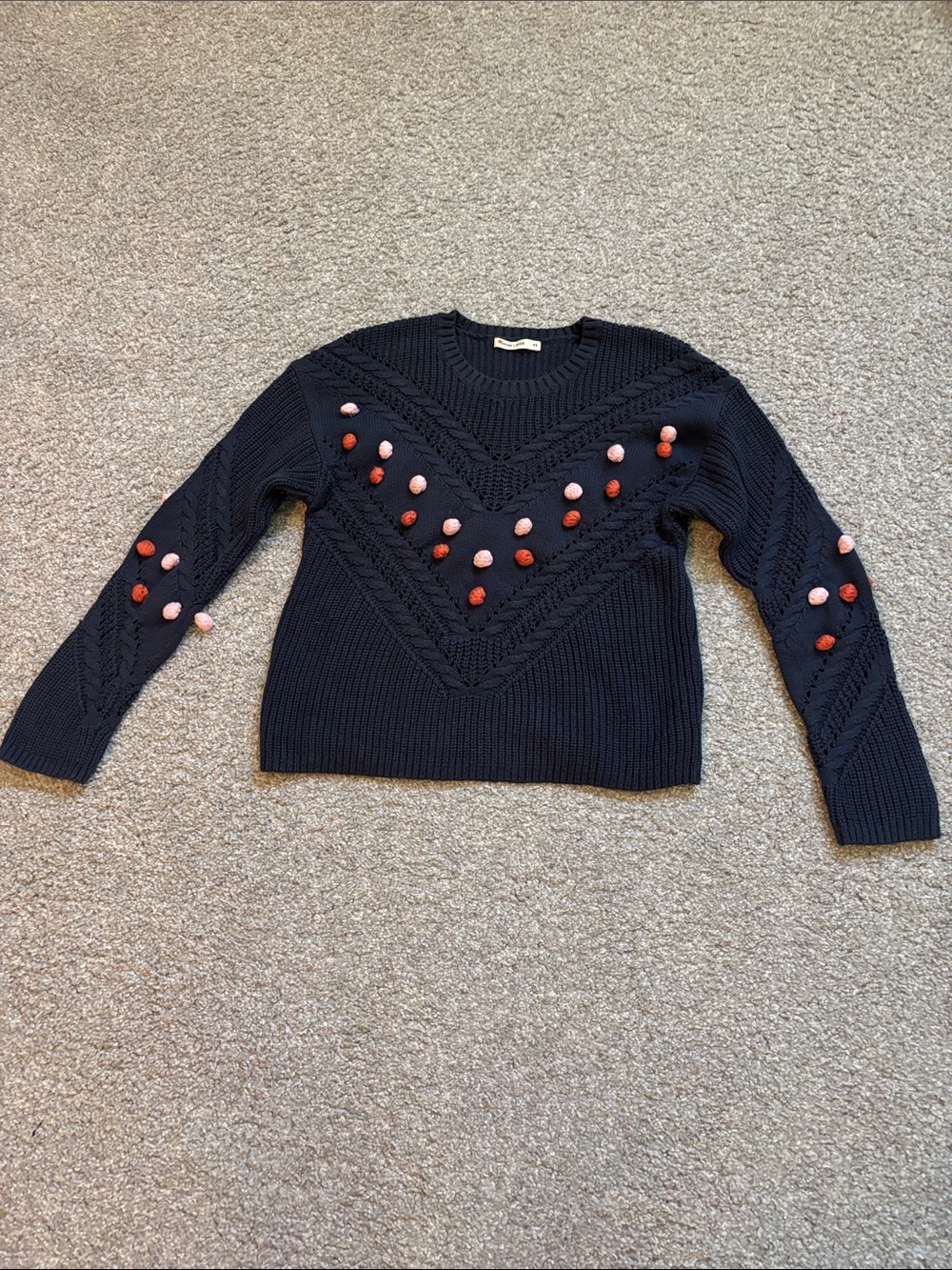 Marine Layer Navy Crewneck Sweater with Pink and Red Pom Details XS